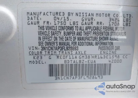 2015 Nissan Versa 1.6 Sv from USA, damaged, VIN 3N1CN7AP3FL928693